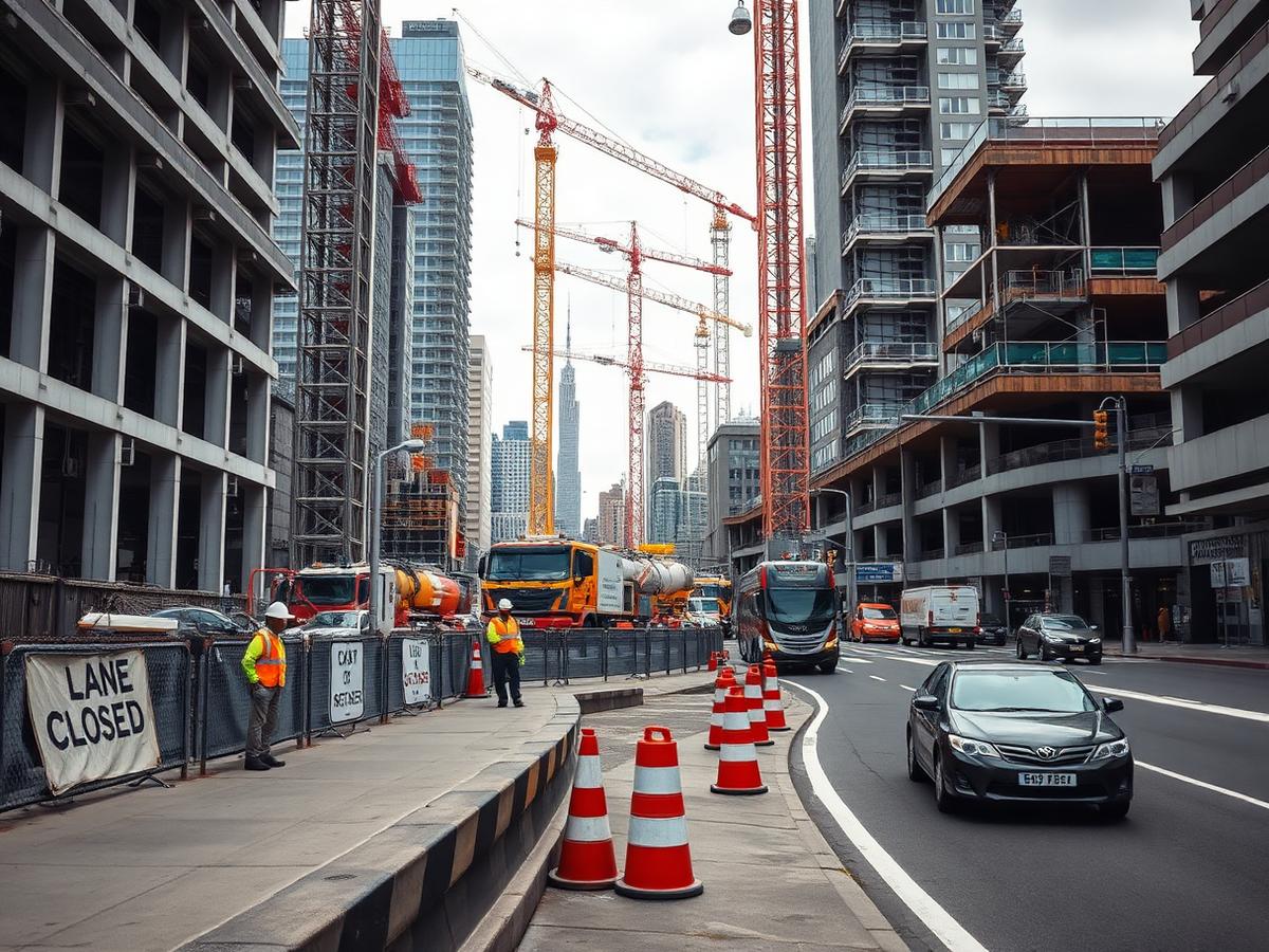 Construction site with lane closure and traffic controller on a Sydney street