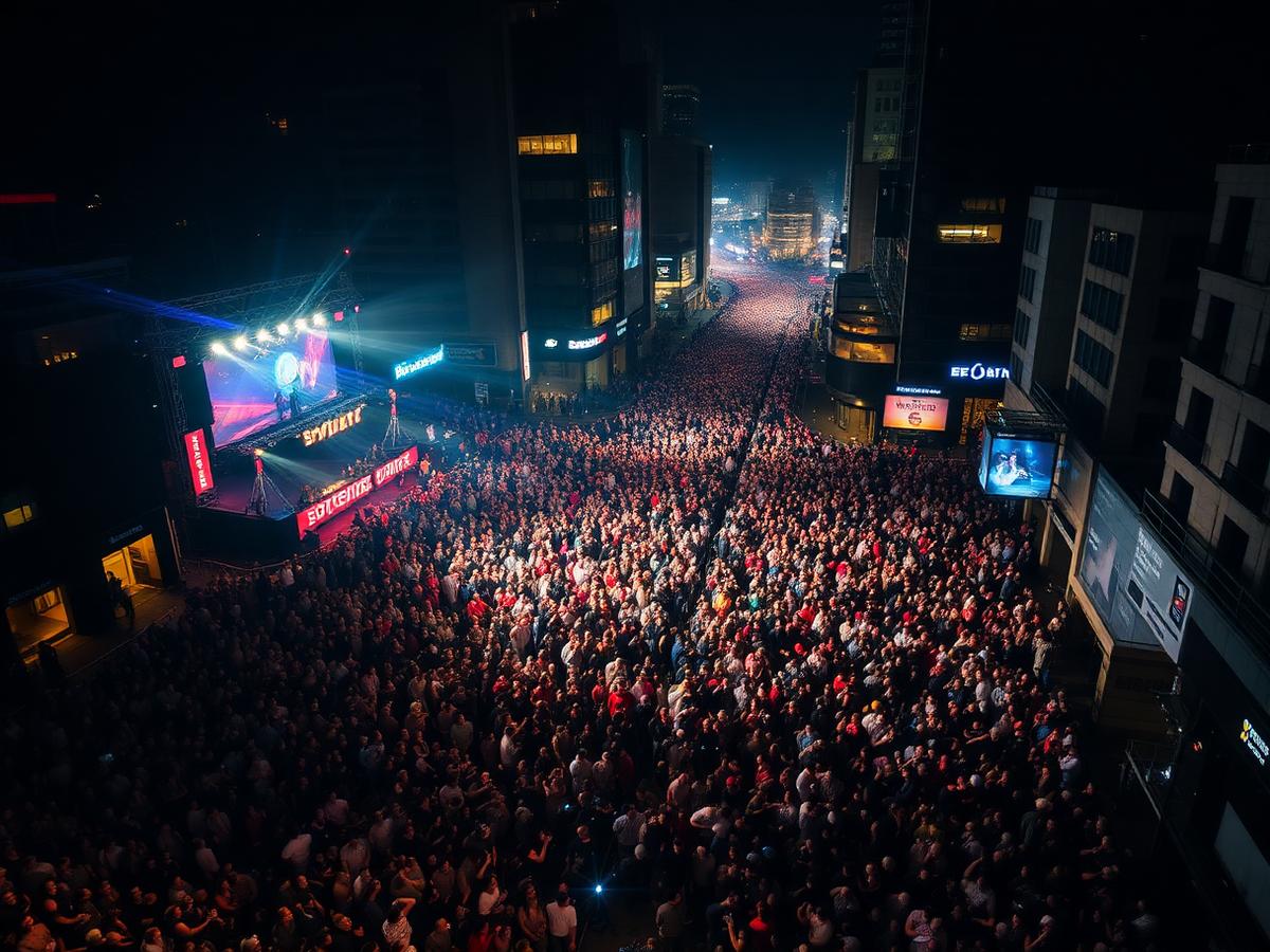 Aerial view of a large event crowd on a closed Sydney CBD street at night