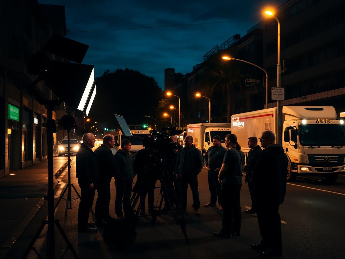 Film crew working on a closed Sydney street at night with unit trucks